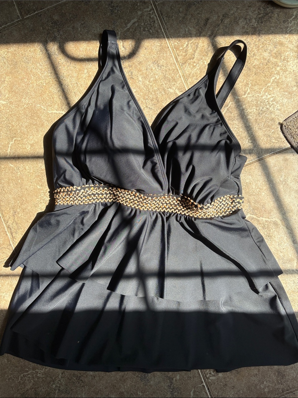 Black Swim Top with Gold Chain Waist Detail